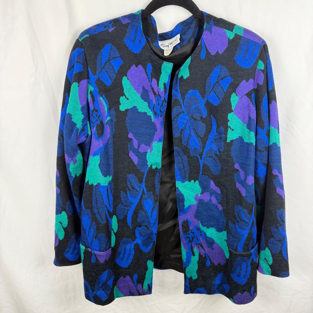 Vintage Easy Wear by Bradley Blue Green Knit Open Blazer Sz 20 Pockets Colorful